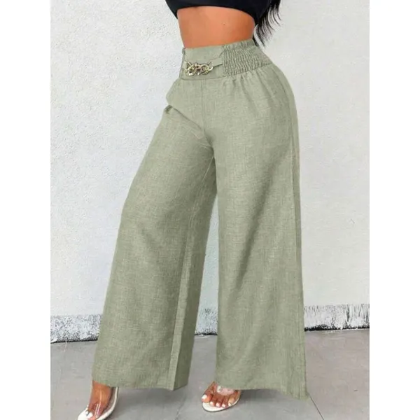 Calça Pantalona Social Feminino De Linho Com Cinto Fake e Cintura Alta e Bolsos