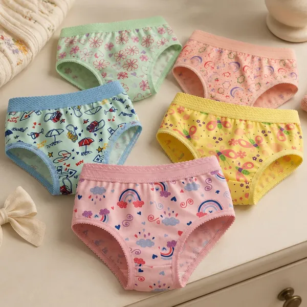 Kit 5/10 Calcinhas Estampadas Infantis Menina Cós Bornel Forro Algodão Poliéster Slip Premium