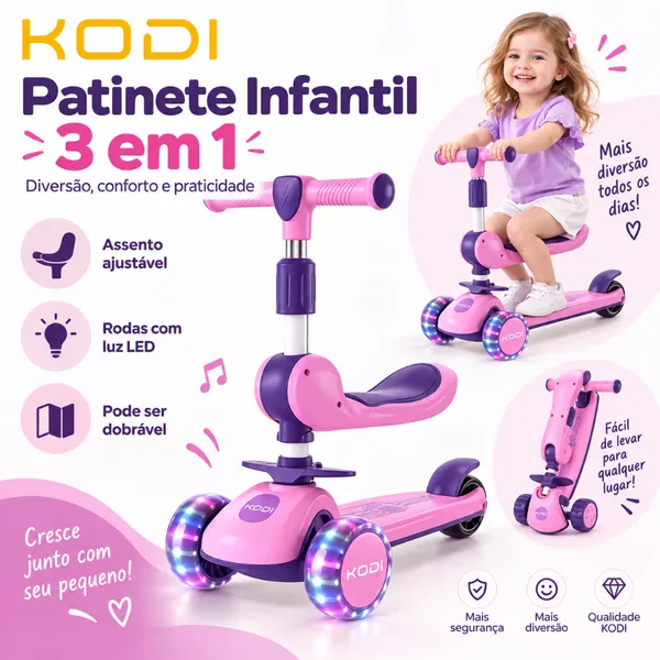 Patinete 3 em 1 para 1 a 12 Anos Com Banco, Luzes e Música Ajustável e Seguro