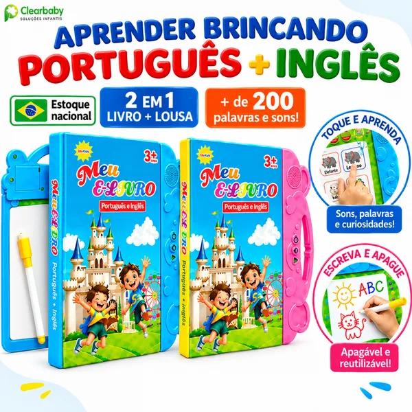 Livro Sonoro Interativo para Crianças Português e Inglês Livro Ilustrado Bilíngue Brinquedo Educativo Sensível ao Toque