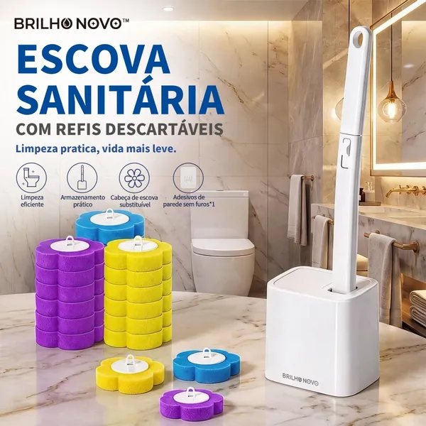 BRILHO NOVO Escova Sanitária com Cabeça Substituível e Refis Descartáveis | Base + 6, 12, 18, 24 ou 36 Refis