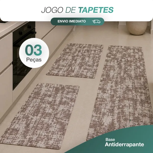 Jogo Tapete Cozinha 3 Peças Jacquard Passadeira Antiderrapante Lavável Geométrico Premium  Luxo