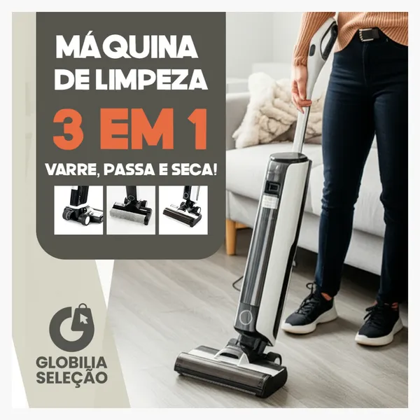 Máquina de limpeza 3 em 1 aspirar, lavar e secar Bivolt motor de tração bateria extra grande inclui balde de autolimpeza