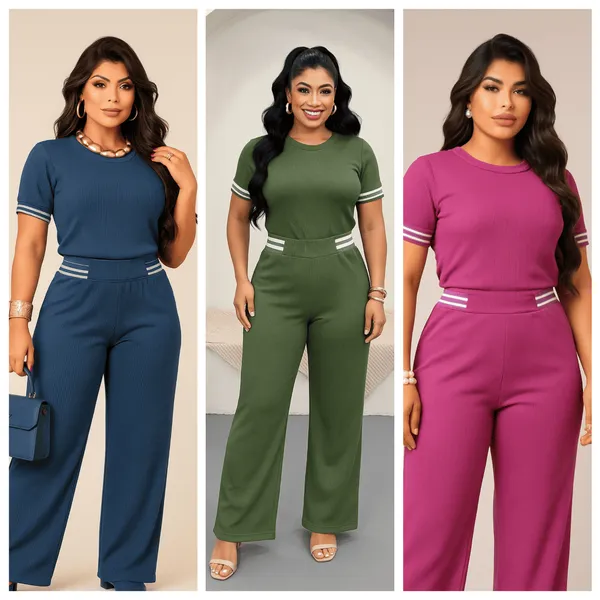 Conjunto Blusa e Calça Pantalona Detalhe no Punho e Cós Conjunto Tshirt Duas Cores Malha Canelada