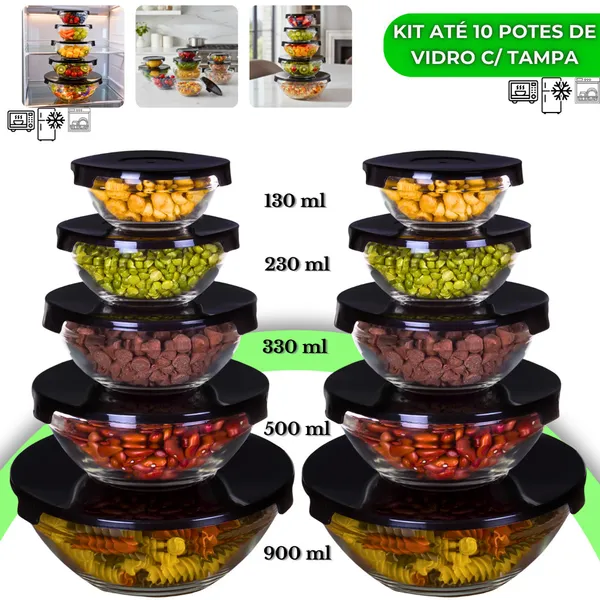 Kit até 10 Potes de Vidro Hermético com Tampa Redondo Tigela Micro-ondas Freezer Marmita Empilhável