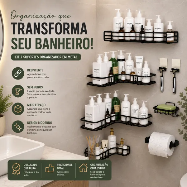 Kit 7 peças Prateleiras Suporte Com Alto Adesivos Para Banheiro Com Metal