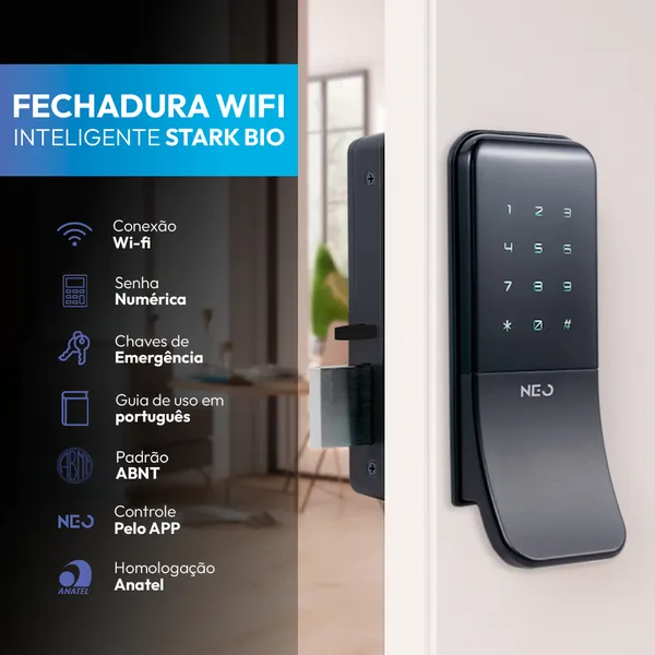 Fechadura inteligente Eletrônica Stark  Digital Sobrepor Biometria Senha Tag Wi-fi Preto Neo Avant
