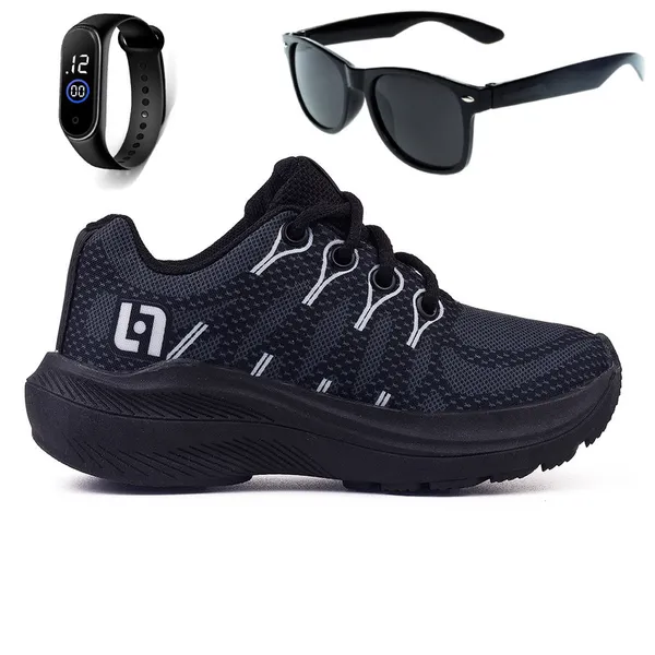 Tenis Infantil Meninos Casual Escolar Preto Preto + Óculos e Relógio