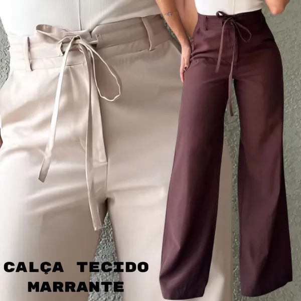 Calça Feminina PantalonaTecido Sensoriale Marrante Cintura Alta Com Amarração Elegância e Conforto M a G1