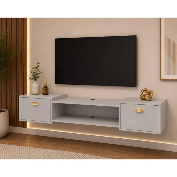 Rack Suspenso Leão 1.80cm TV 75" Orféu C/ Pés e Shop Suspenso 1.20cm Design Modernos Sala de Estar Decoração