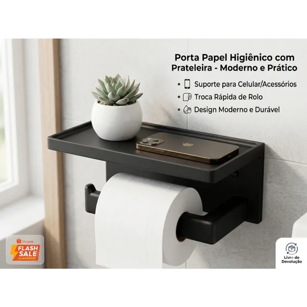 Suporte 2 em 1: Porta Papel Higiênico com Prateleira Premium Moderno.