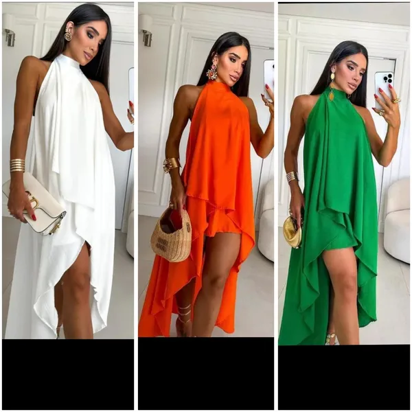 vestido alongado com babados e com amarração em pescoço ideal para festa.