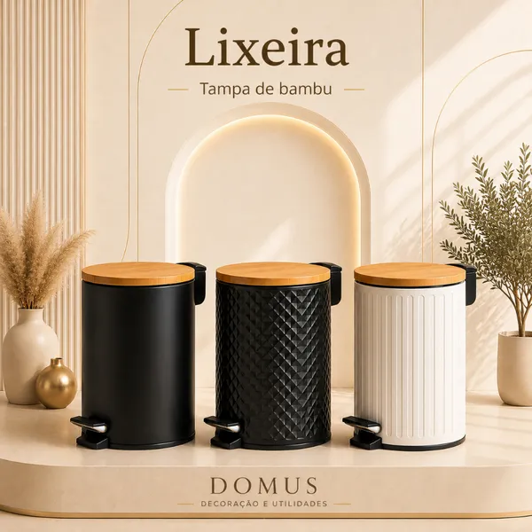 Lixeira Premium 5L Pedal Metálico Tampa de Bambu Soft Close Cesto Removível Banheiro Cozinha