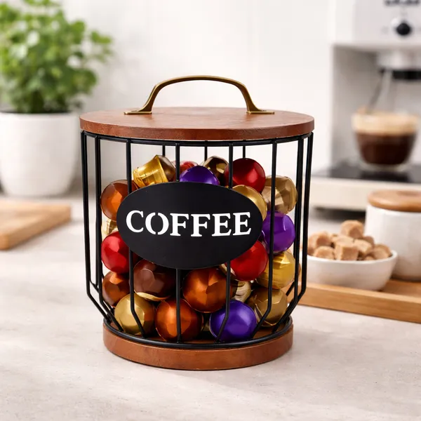 Porta Cápsulas de Café com Tampa – Ferro e Madeira 16,5x19cm para Cantinho do Café Até 25 Cápsulas