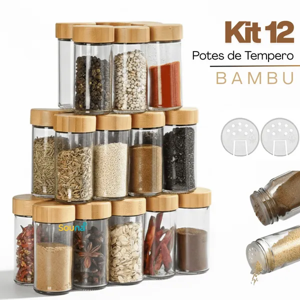 Kit ​12 Potes Temperos De Vidro Tampa Bambu Porta Condimentos Sal Pimenta Cozinha Restaurante Bar