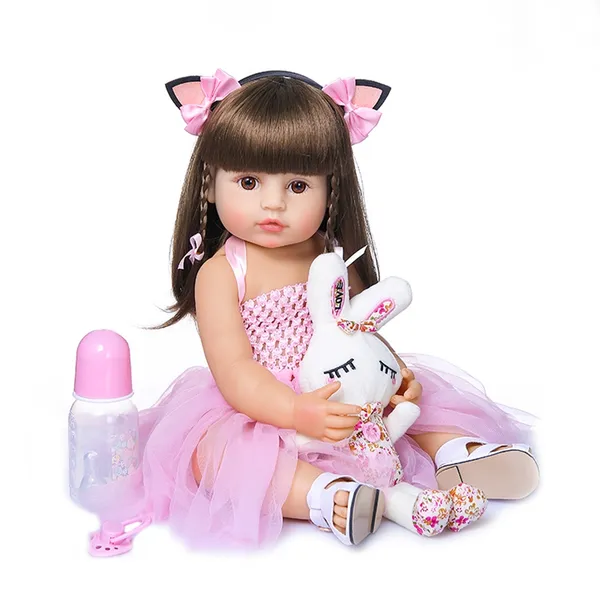 Bebê Reborn Silicone Realista 55cm Menina Rosa Princesa Olho Castanho BRASTOY
