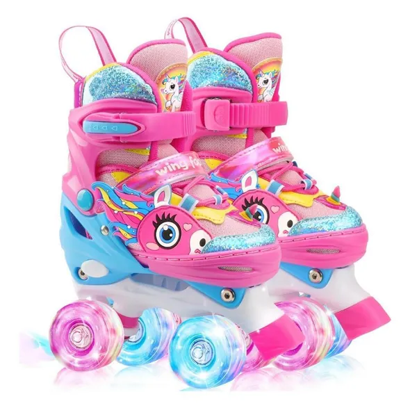Patins Infantil Ajustavel Com Led Quad Meninas De 4 Rodas Rosa Unicornio