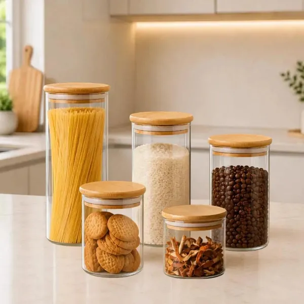 Kit 5 Potes De Vidro Herméticos Tampa Bambu Bacana Decor Porta Alimentos Mantimentos Temperos Redondo