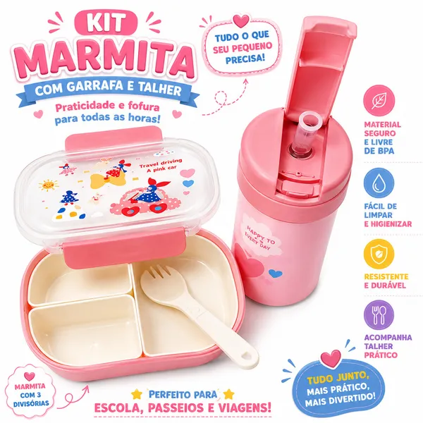 Kit Marmita Infantil com Copo 250ml Canudo e Cordinha Talher e 3 Divisórias Removíveis Escolar Fácil
