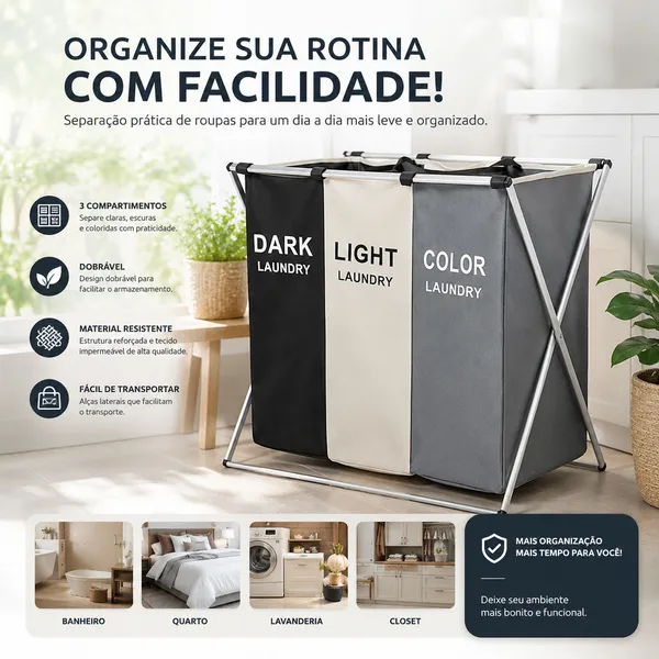 Cesto Roupa Suja 3 comp. Dobravel: Organize tudo! ✨🧺