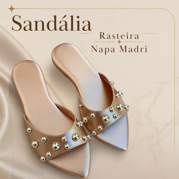 Sandália Feminina Rasteira Napa Madri Bico Folha Palmilha Confortável Elegante e Sofisticada