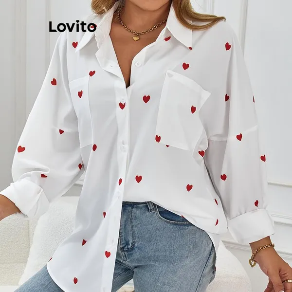 Lovito Casual Blusa Com Estampa Em Formato De Coração Solta Ampla Para Mulheres LNL72073