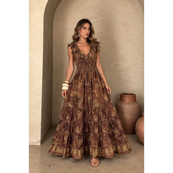 VESTIDO DE SEDA COM MANGA ESTAMPADO INDIANO, CIGANINHA, OMBRO A OMBRO