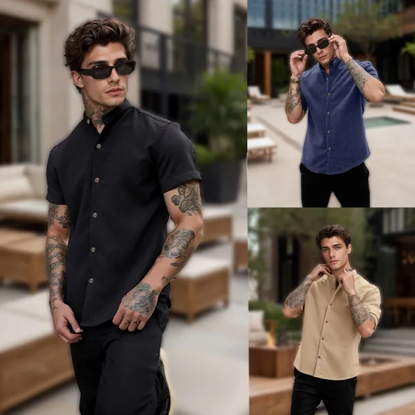 Camisa Social Masculina Gola Padre Linho Manga Curta Luxo
