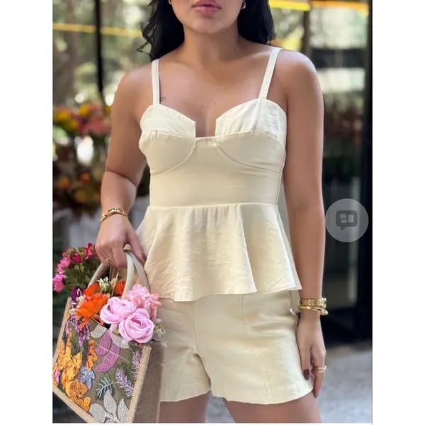 Conjutonto Feminino Cropped Peplum Com Alças + Short Alafataria Marrante Moda Verao Elegante Casual