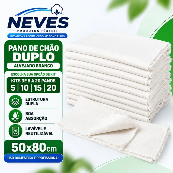 Pano De Chão Gigante Branco 50x80 Cm Encorpado Neves 100% Algodão Duplo 100Gr Saco Duplo Alvejado