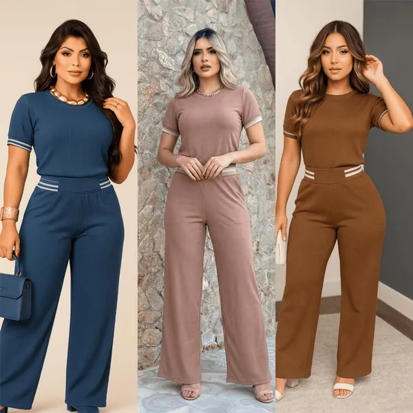 Conjunto Calça Pantalona e Blusa T-shirt Camiseta Feminina Malha Canelada