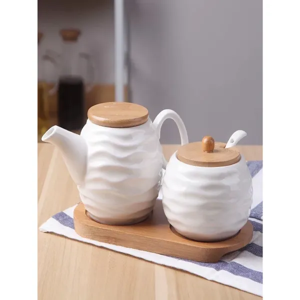 Kit Com 2 Peças Porta Mantemento em Cerâmica com bandeja colher de bambu