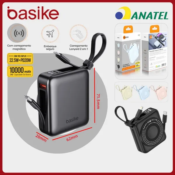 Basike Power Bank 10000mAh PD 22.5W Mini – Bateria Portátil com Carregamento Sem Fio para Celulares, Relógios e Fones B200B