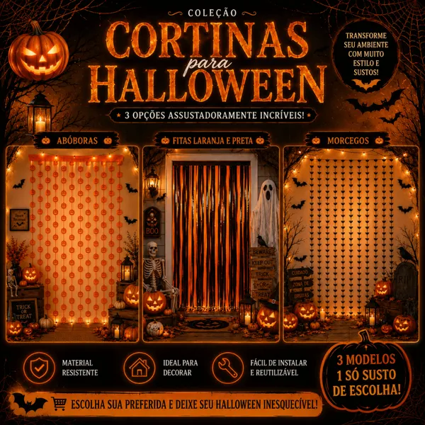 Cortina Halloween Decoração 1m x 2m Abóbora Morcego Preto e Laranja Festa Painel Porta Parede - Unidade ou Kit 2