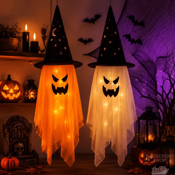 Enfeite Fantasma Suspenso com LED para Festa Halloween e Casa Assombrada
