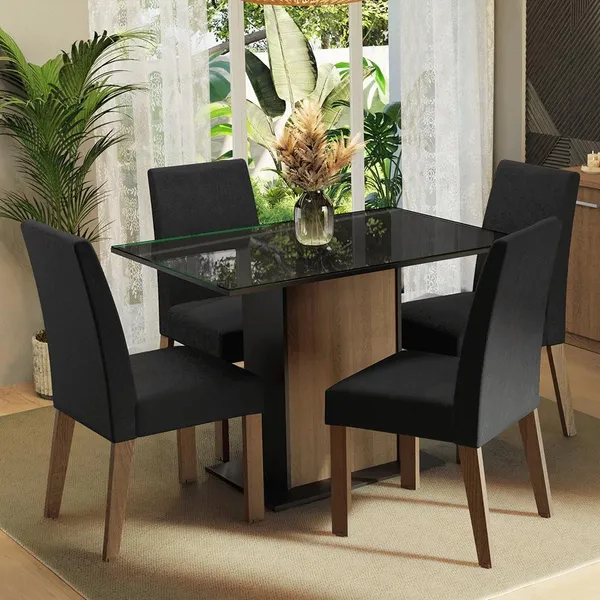 Conjunto Sala de Jantar Zion Madesa Mesa Tampo de Vidro 4 Cadeiras - Rustic/Preto/Oxford