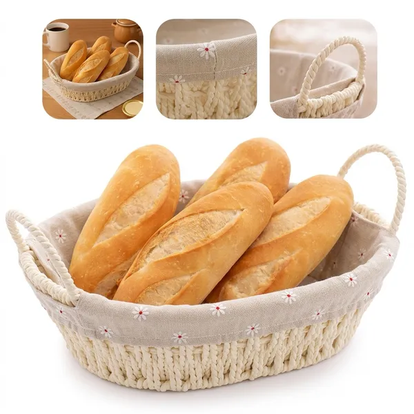 Cesto de Pão Redondo Retangular Oval Para Café da Manhã com Forro e Alça Lateral Cozinha Multiuso
