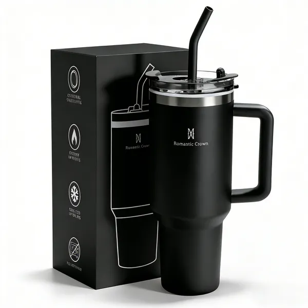 ROMANTIC CROWN Copo Térmico Inox Portátil 1200ml/600ml com Tampa e Canudo Garrafa Térmica Inoxidável