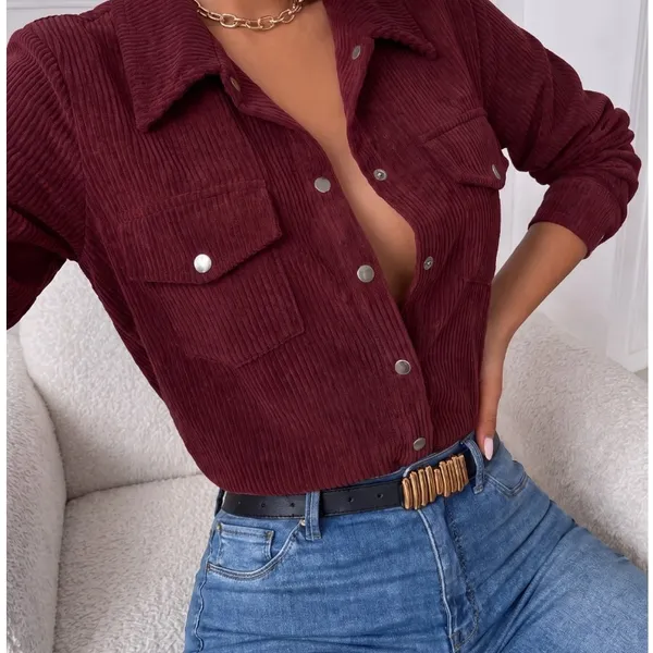 Camisa Feminina Veludo Cotelê Manga Longa com Botões – Moda Casual Inverno