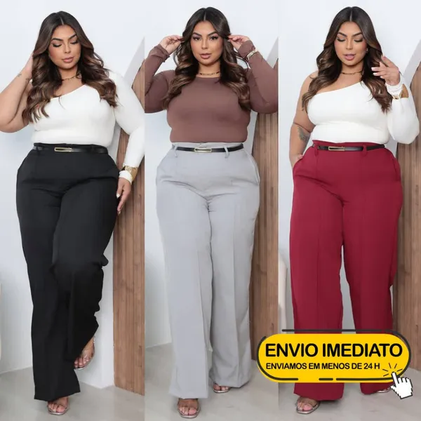 Calça Social PLUS SIZE Alfaiataria Feminina C/ Cinto de Couro Elegante Modelo Pantalona C/ Bolsos