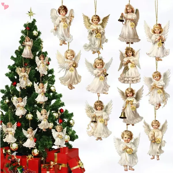 12 Pçs Peças Anjo Enfeites De Natal De Madeira Vintage Decorações Da Árvore Rústico Pendurado Ornamentos Para Casa Inter