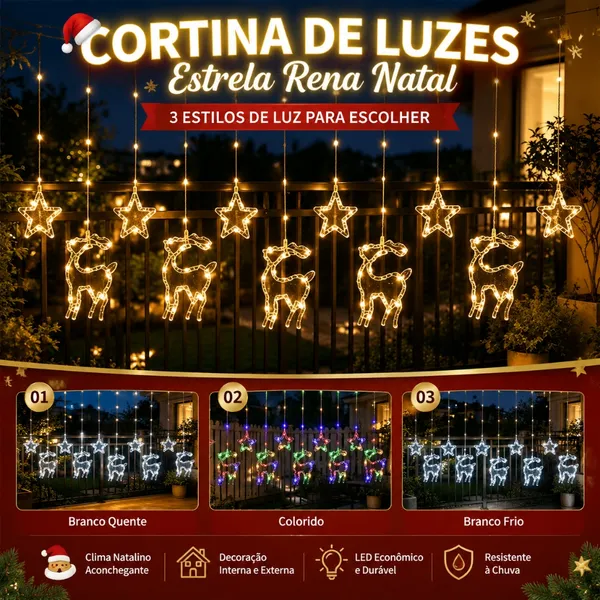 3M Bivolt 110V–220V Cortina de Luz LED Natal Estrela 5 Pontas Pisca-pisca Quintal Festa KL-511