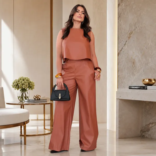 Conjunto Feminino Couro Fake Calça Pantalona e Blusa Elegante