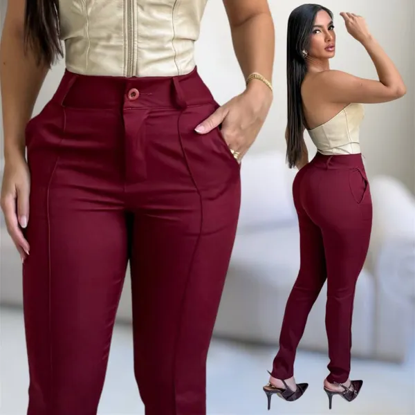 Calça Feminina Alfaiataria Social Reta Elegante Casual Com Zíper e Bolsos