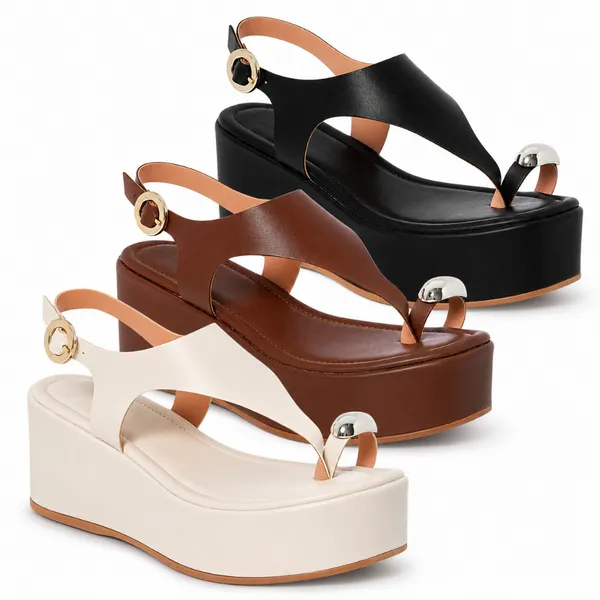 Sandália Plataforma Feminina Fivela Anabela Moderna Enfeite Metalizado Tamanco Confortável Elegante