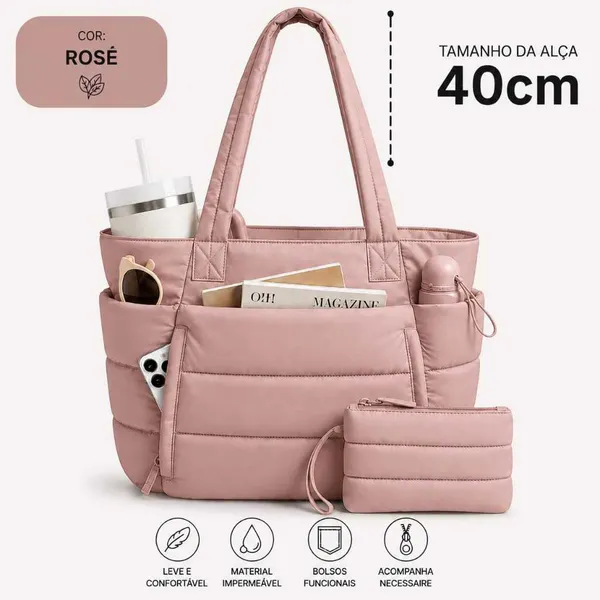 Bolsa Feminina Grande Matelassê Impermeável com Alças Longas + Necessaire