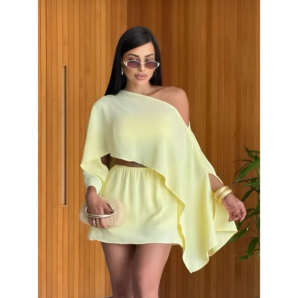 Conjunto Feminino 3 Peças Duna Top Cropped, Capa Short Saia Look Elegante Confortavél Soltinho Verão