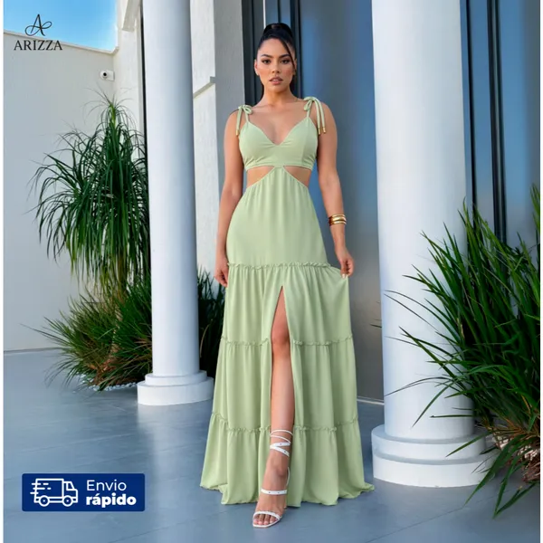 Vestido longo feminino detalhe abertura vazado