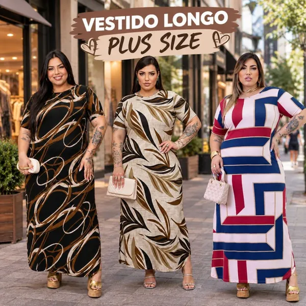 Vestido Longo Curve Curvy Plus size moda evangélica com fenda estampado e liso do 44 ao 58 Casual