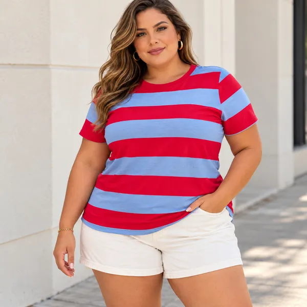 T-Shirt Feminina  Plus Size Listrada Casual Manga Curta Gola Redonda Viscolycra Confortável Blusa Básica Moda Dia a Dia